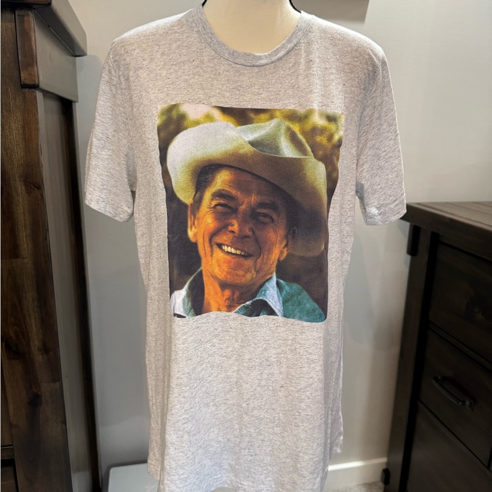 Bella Canvas Light Gray Men's T-Shirt with Ronald Regan Cowboy Graphic